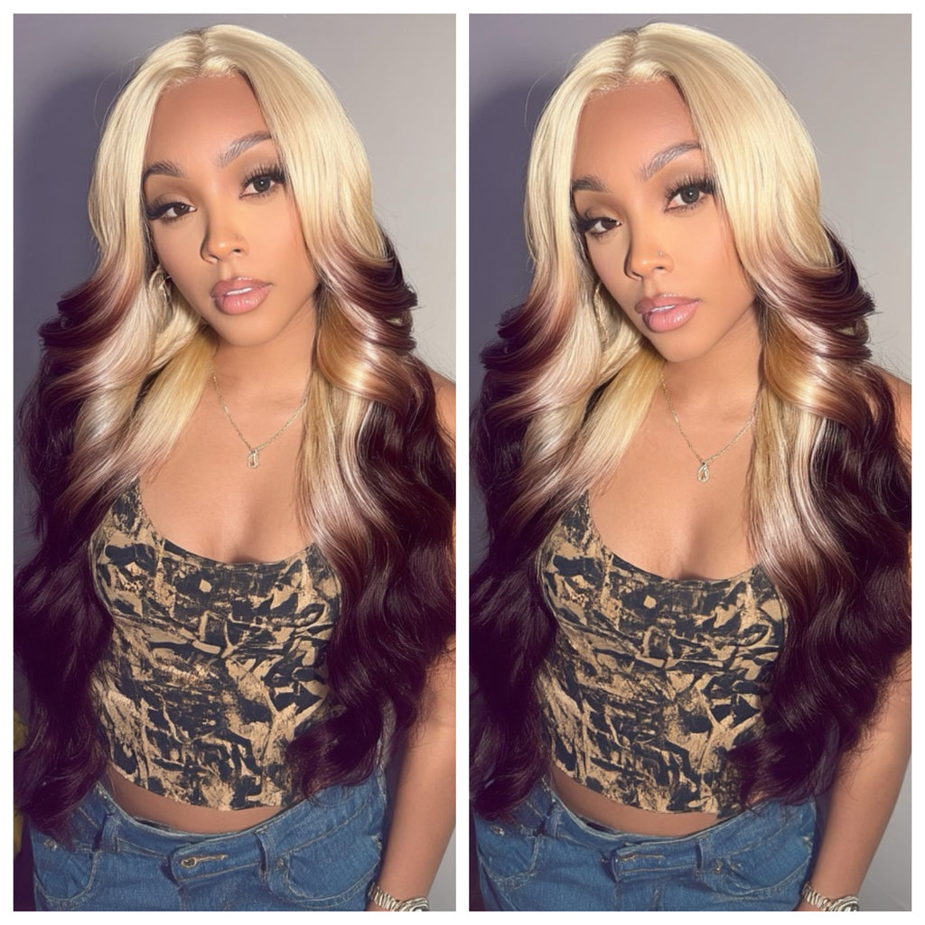 Long Blonde Brown Ombre Body Wave Human Hair Blend HD Lace Front Wig - Chance
