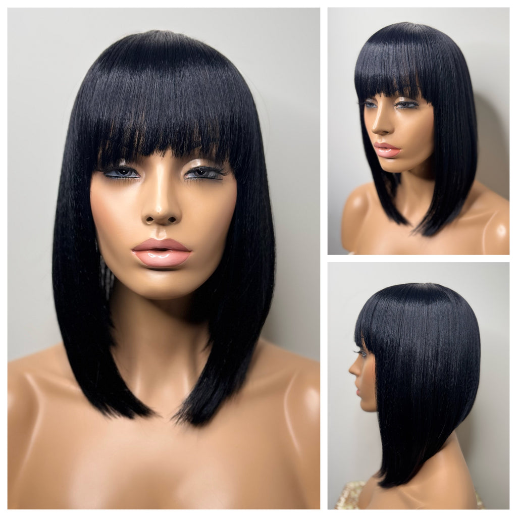 Short Black Straight Angled Bob Wig with Bangs - Jessie