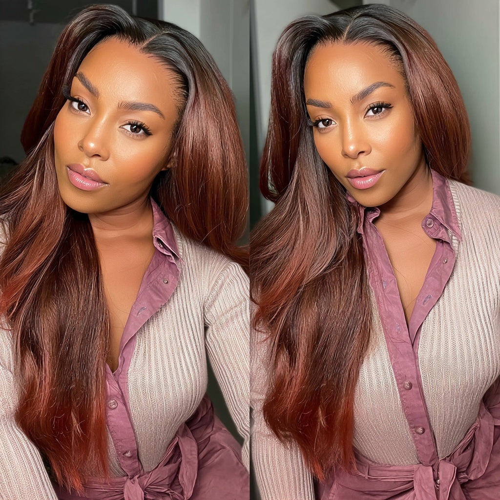 Long HD Lace Front Wig Synthetic Straight Layers Brown Auburn Center Part - Zara