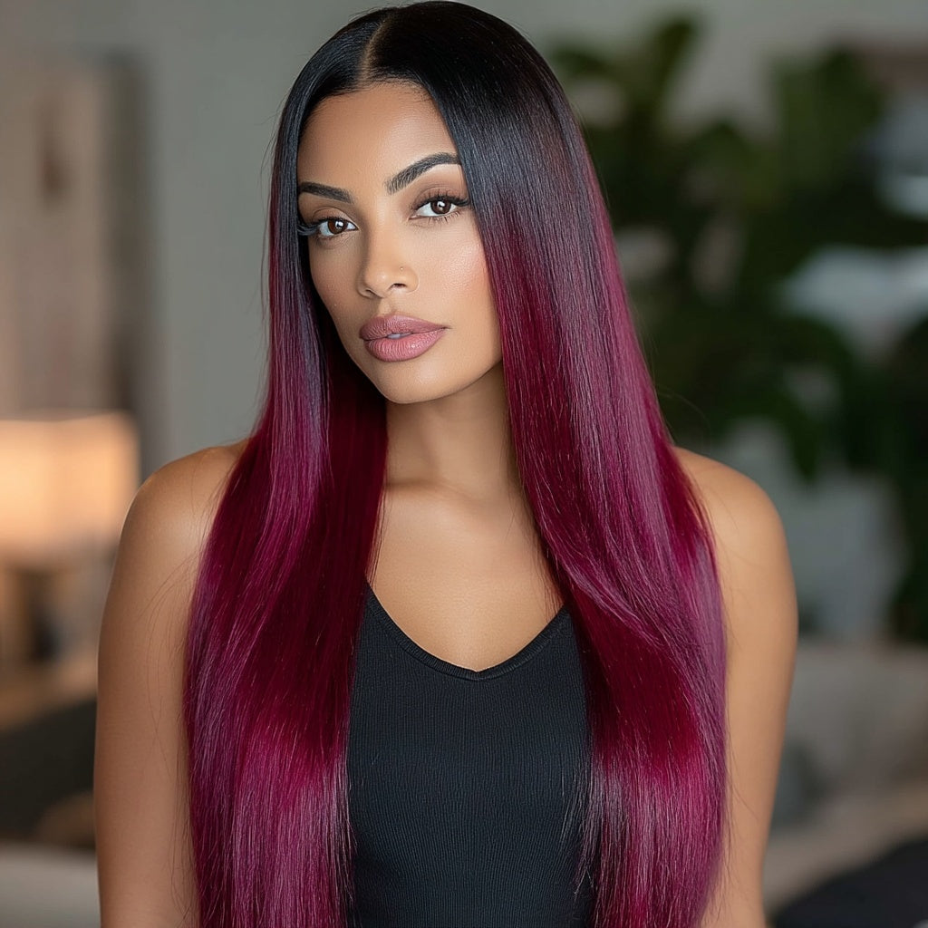 Long Red Straight Dark Roots HD Lace Front Wig Human Hair Blend - Ruby