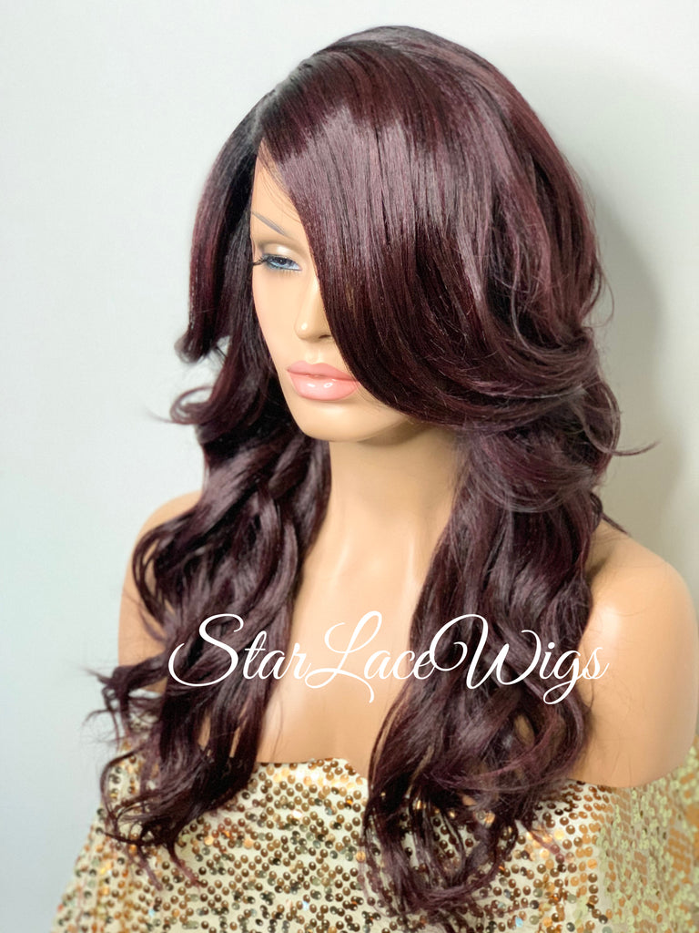 Lace Front Wig Synthetic Dark Burgundy Long Loose Curly Layers - Tara
