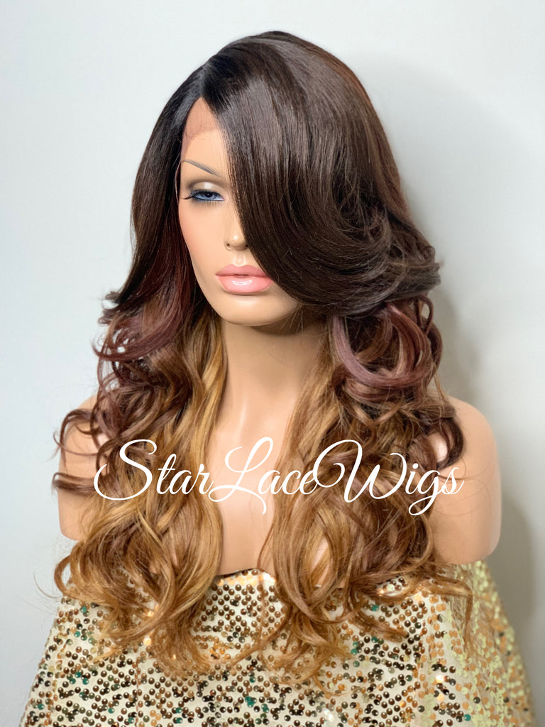 Long Wavy Synthetic Lace Front Wig Brown Auburn Ombre Layers - Carissa