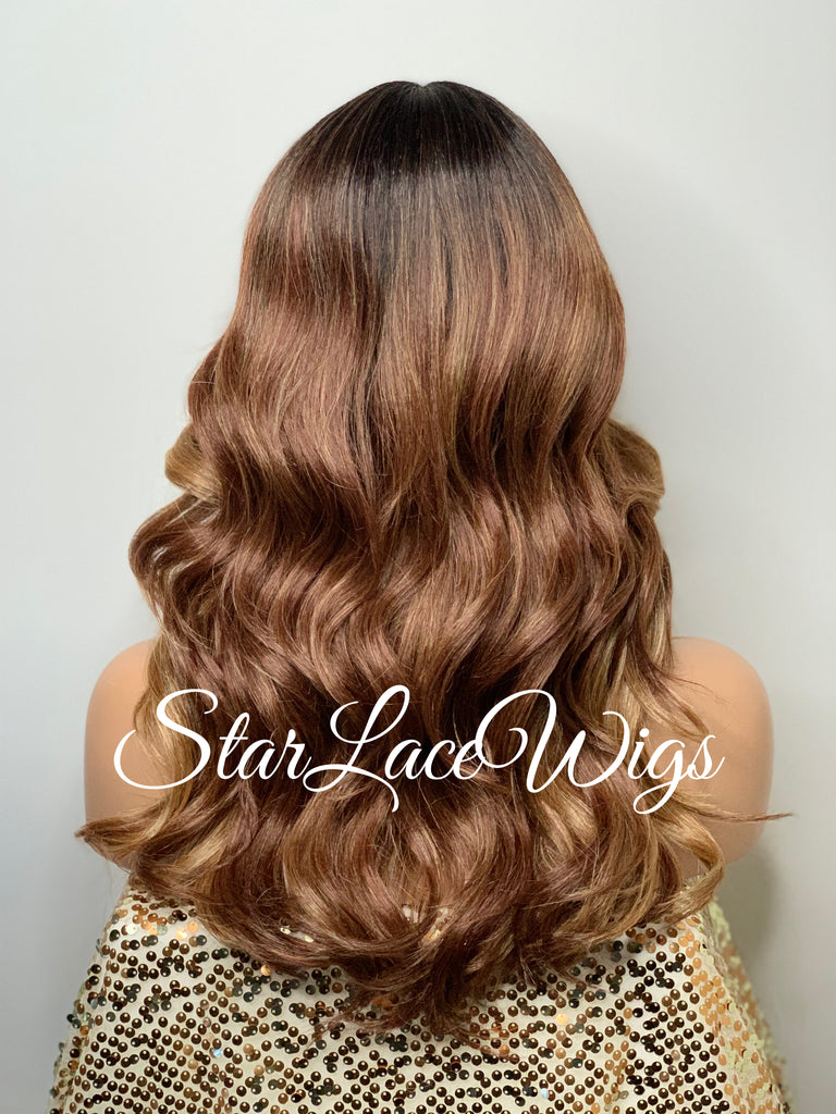 Long Loose Curly Wig Honey Blonde Strawberry Blonde Dark Roots Middle Part Synthetic - Selina