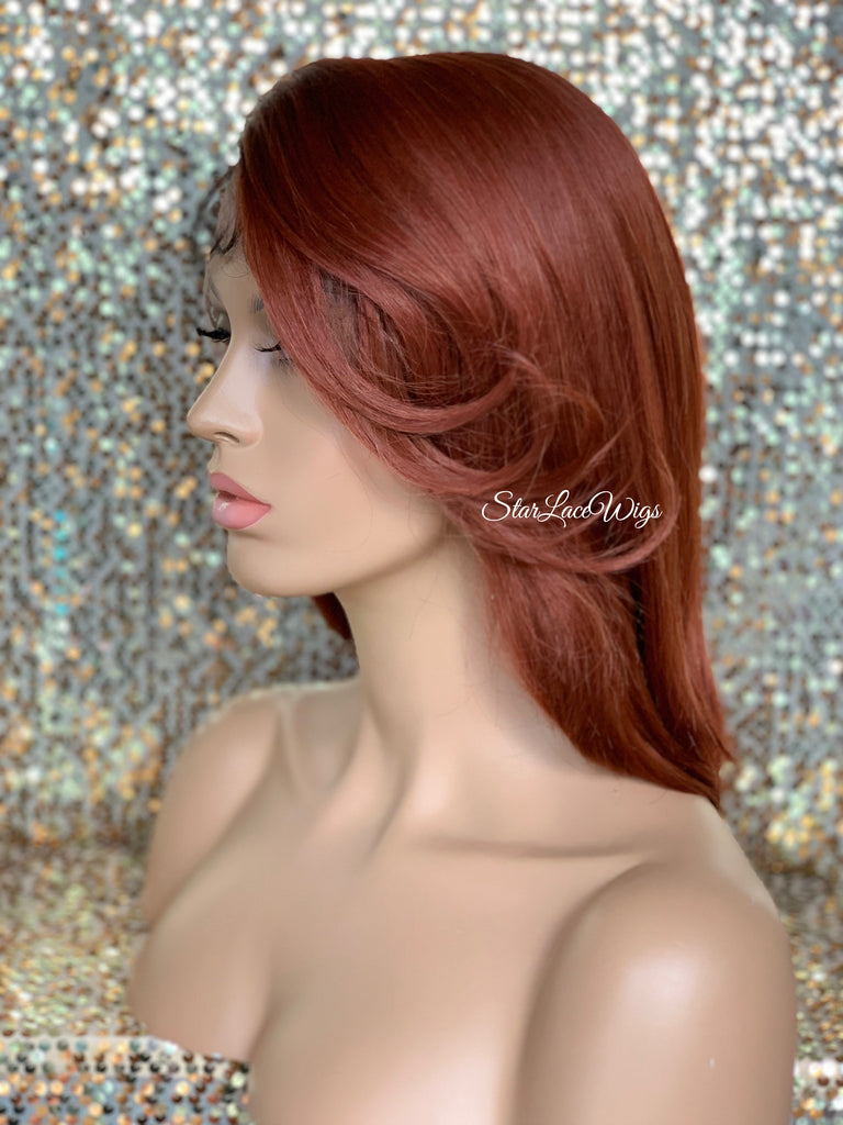 Lace Front Wig Bob Red Dark Roots Side Part Straight Bangs - Ruby