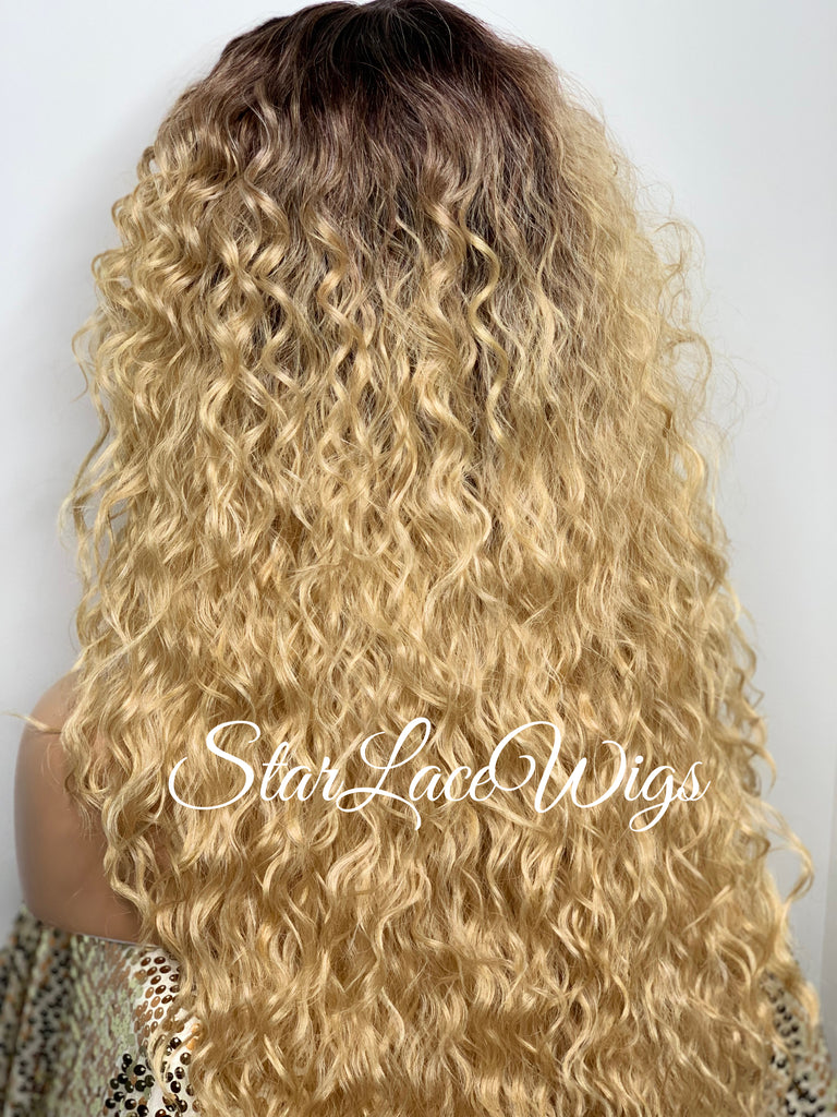Long Full Wig Synthetic Curly Golden Blonde Dark Roots Middle Part Bangs - Harley