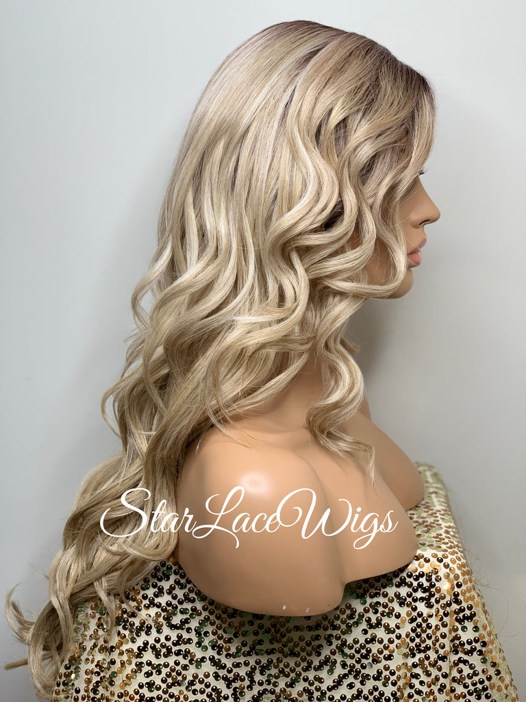 Long Blonde Lace Front Wig Bangs Wavy Synthetic Dark Roots Layers Side Part - Raquel