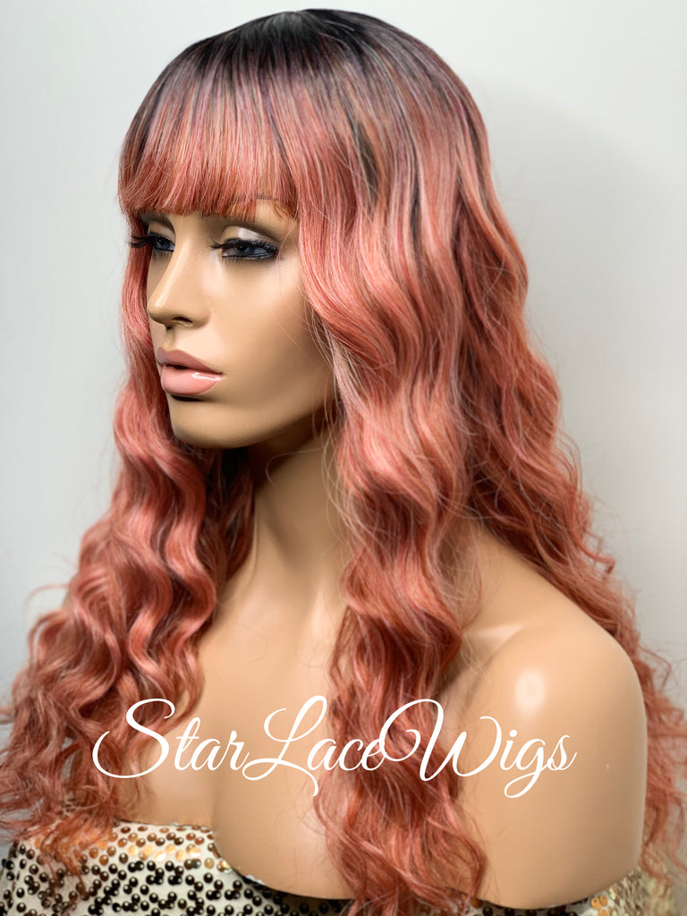 Long Pink Full Wig with Bangs Synthetic Wavy Dark Roots - Cadence