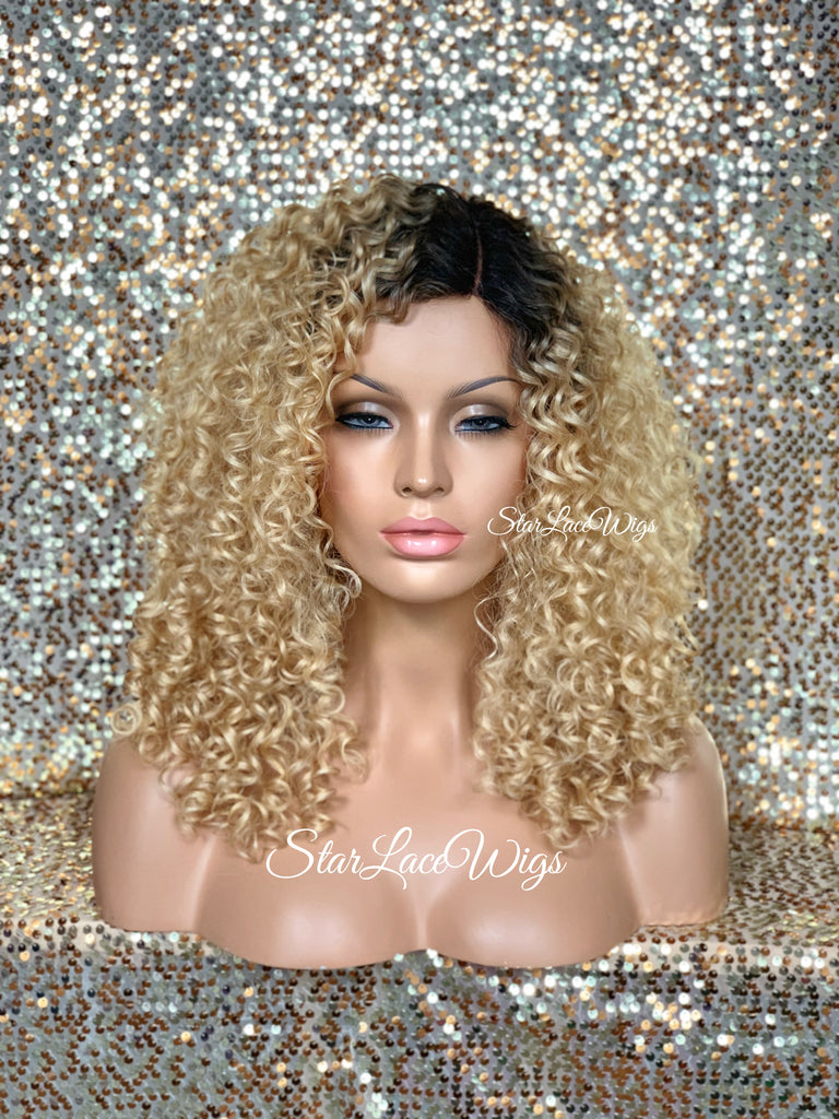 Synthetic Curly Full Wig Blonde Dark Roots Shoulder Length - Dina