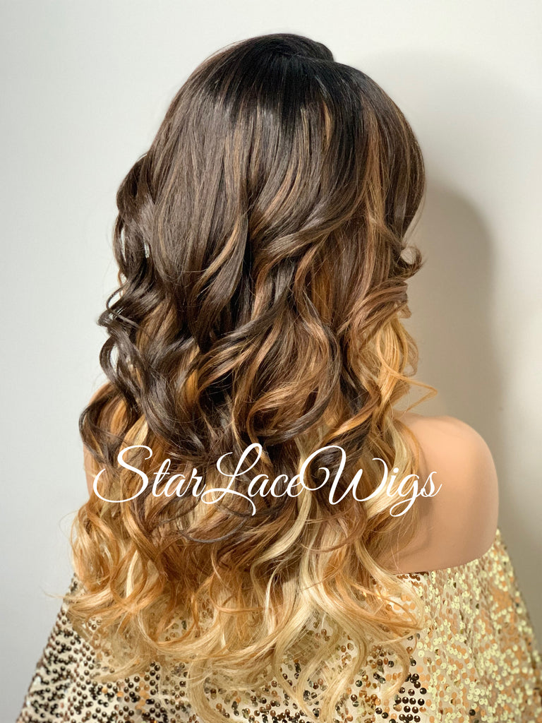 Long Wavy Brown Blonde Ombre Synthetic Lace Front Wig - Destinee