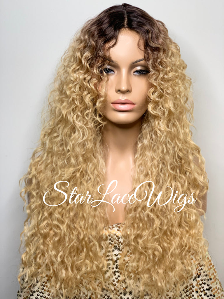 Long Full Wig Synthetic Curly Golden Blonde Dark Roots Middle Part Bangs - Harley