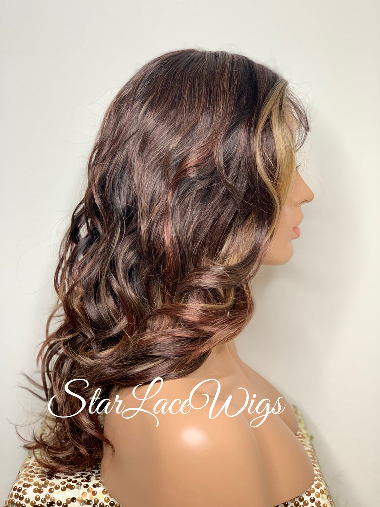 Lace Front Wig Long Curly Layers Brown Auburn Blonde Highlights - Ginger