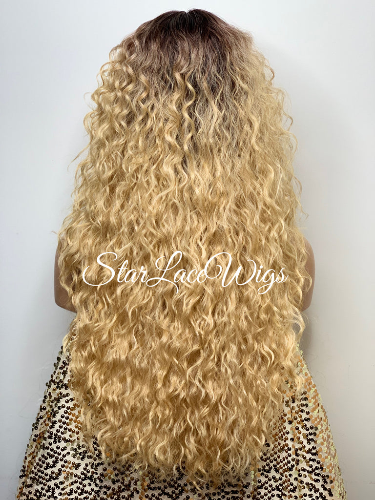 Long Full Wig Synthetic Curly Golden Blonde Dark Roots Middle Part Bangs - Harley