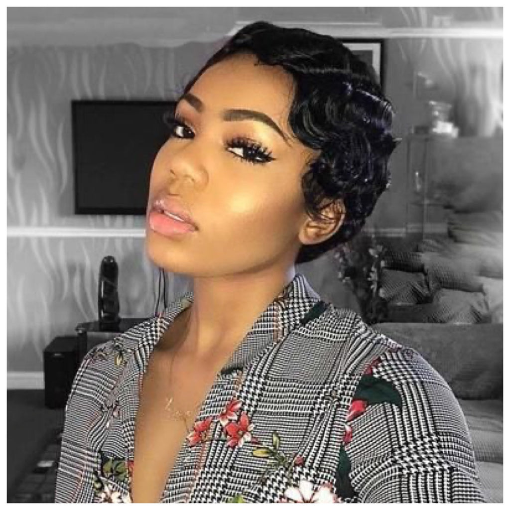 Short Curly Wig Human Hair Black Brown Side Part Wavy Finger Waves - Sylvia