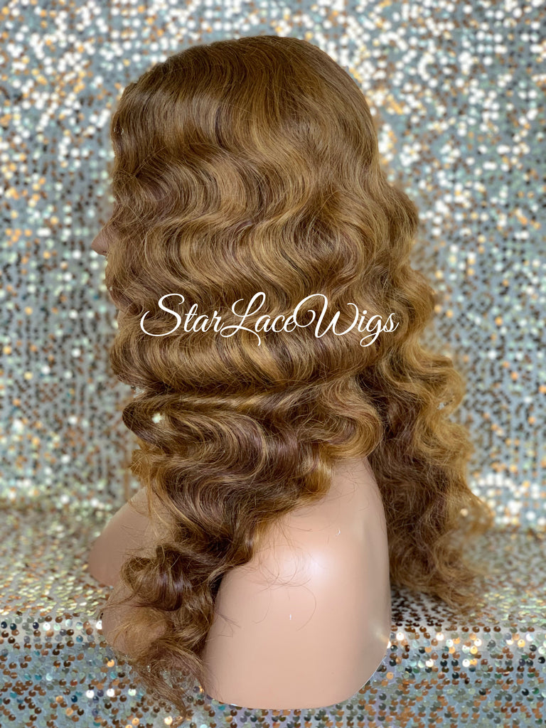 Long Light Golden Brown Body Wave Wig Middle Part Synthetic - DeeDee