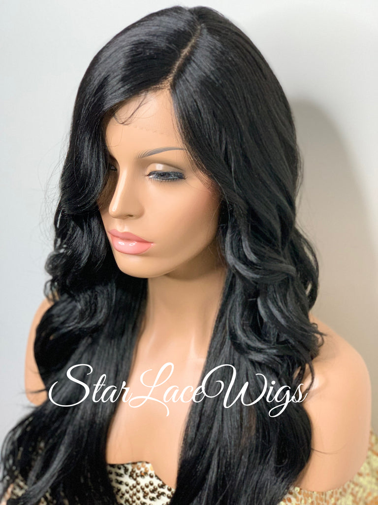 Lace Front Wig Synthetic Black Loose Waves Side Part Layers - Gwen