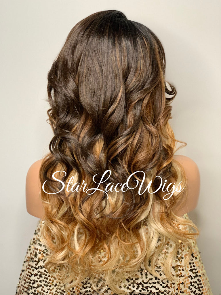 Long Wavy Brown Blonde Ombre Synthetic Lace Front Wig - Destinee