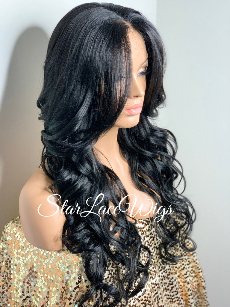Long Loose Curls Lace Front Wig (6x13) Parting Space Black - Miracle