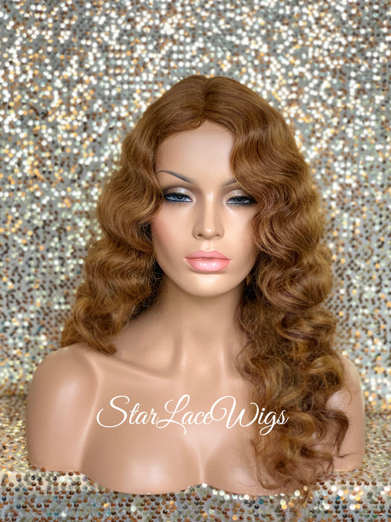 Long Light Golden Brown Body Wave Wig Middle Part Synthetic - DeeDee