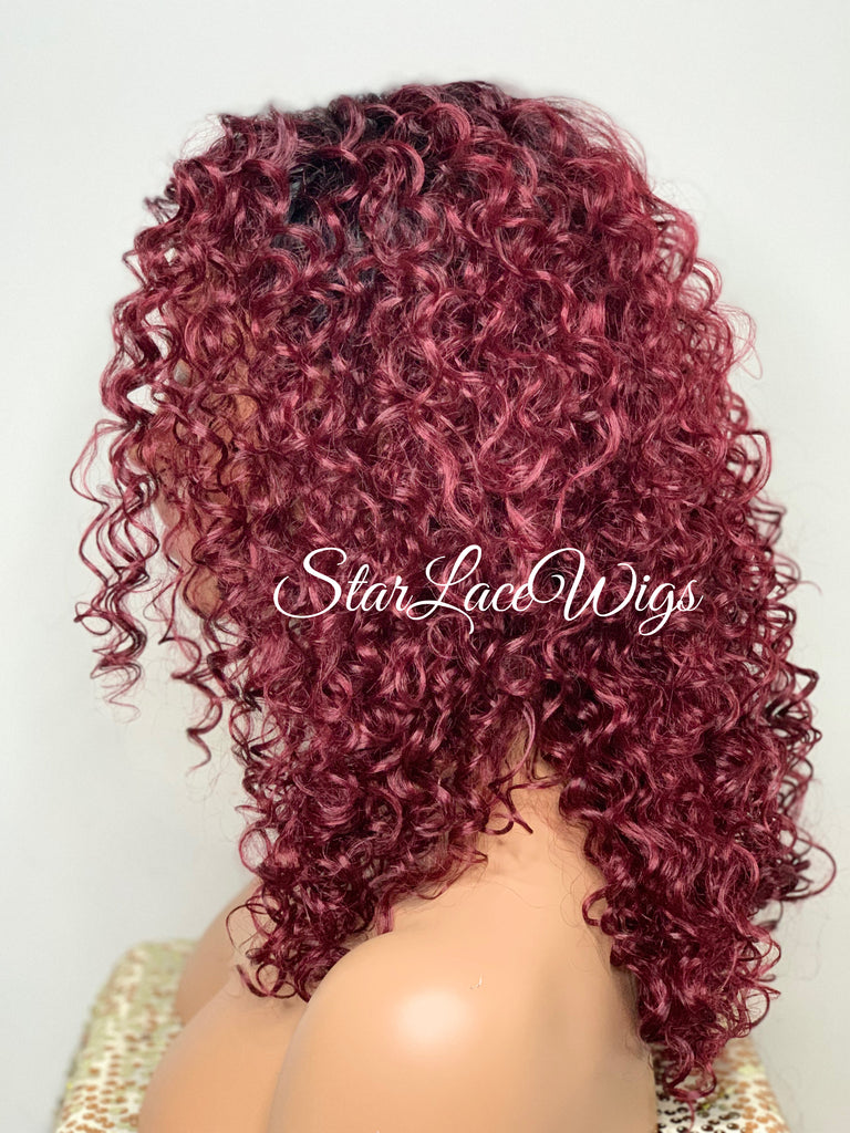 Synthetic Curly Full Wig Burgundy Dark Roots Shoulder Length - Cintia