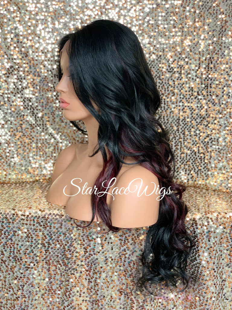 Long Loose Curls Lace Front Wig (6x13) Parting Space Black Burgundy - Dior