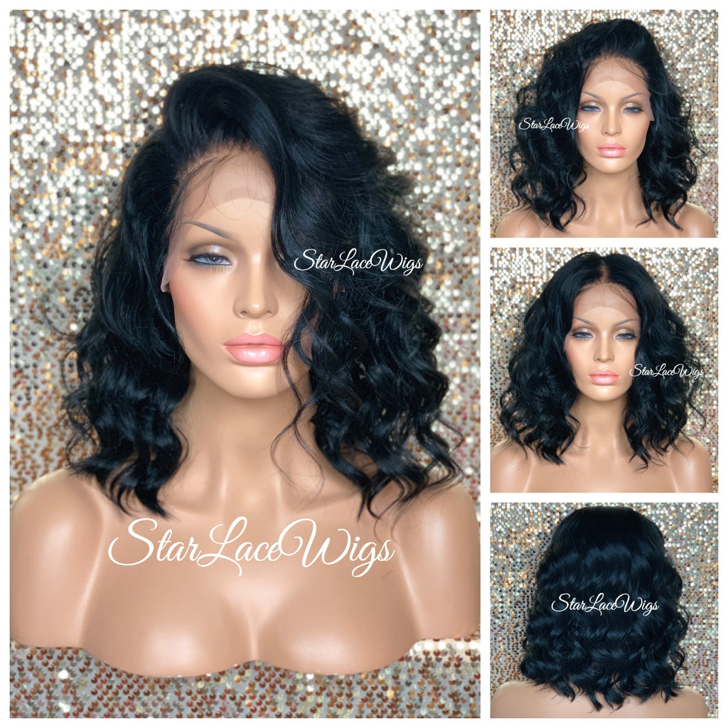 Short Wavy Black Dark Brown Lace Front Bob Wig (6x13) Parting Space - Lorena
