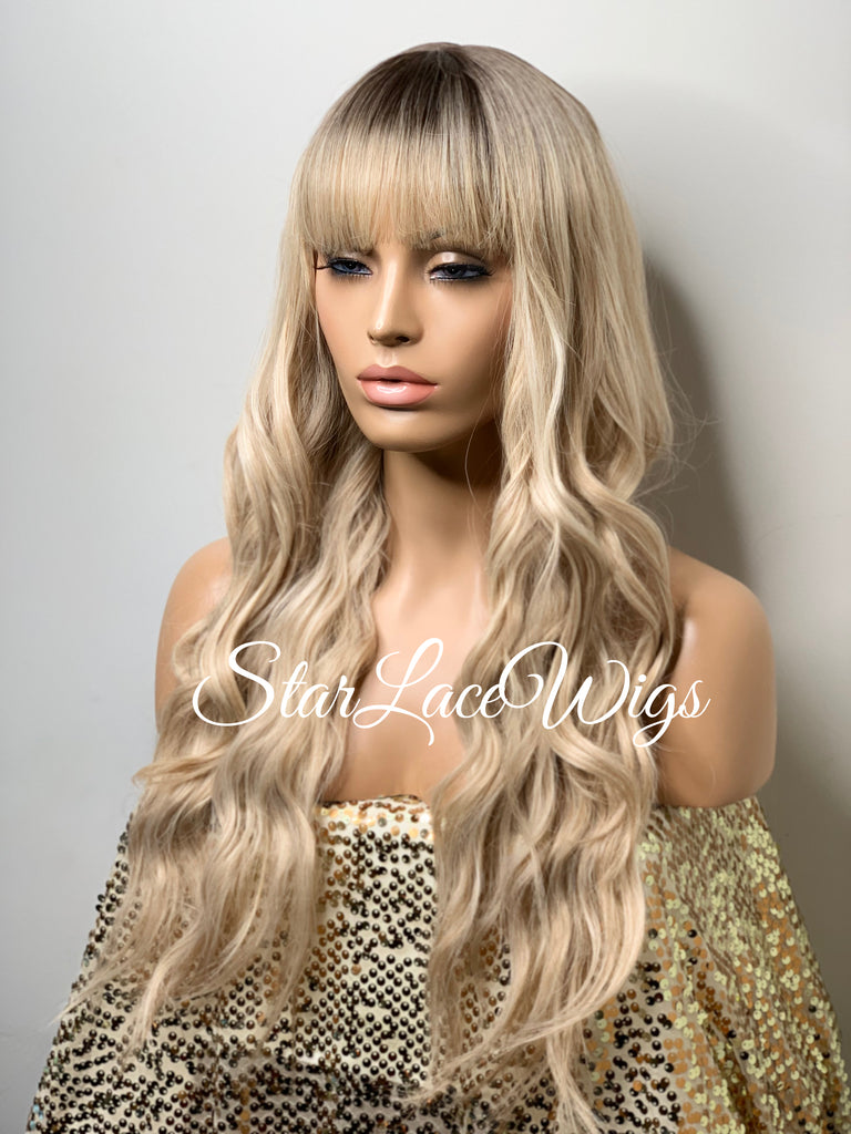 Long Full Wig Synthetic Wavy Blonde Dark Roots Middle Part Bangs - Millie
