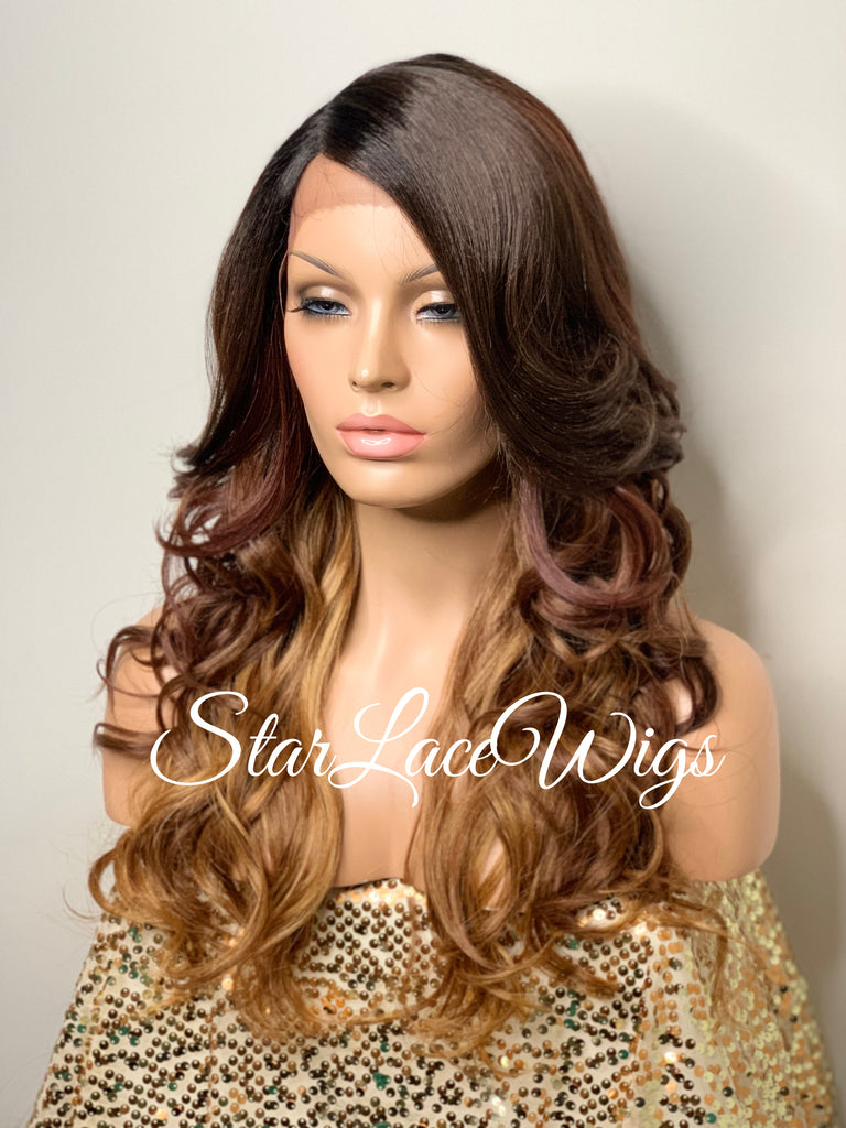 Long Wavy Synthetic Lace Front Wig Brown Auburn Ombre Layers - Carissa