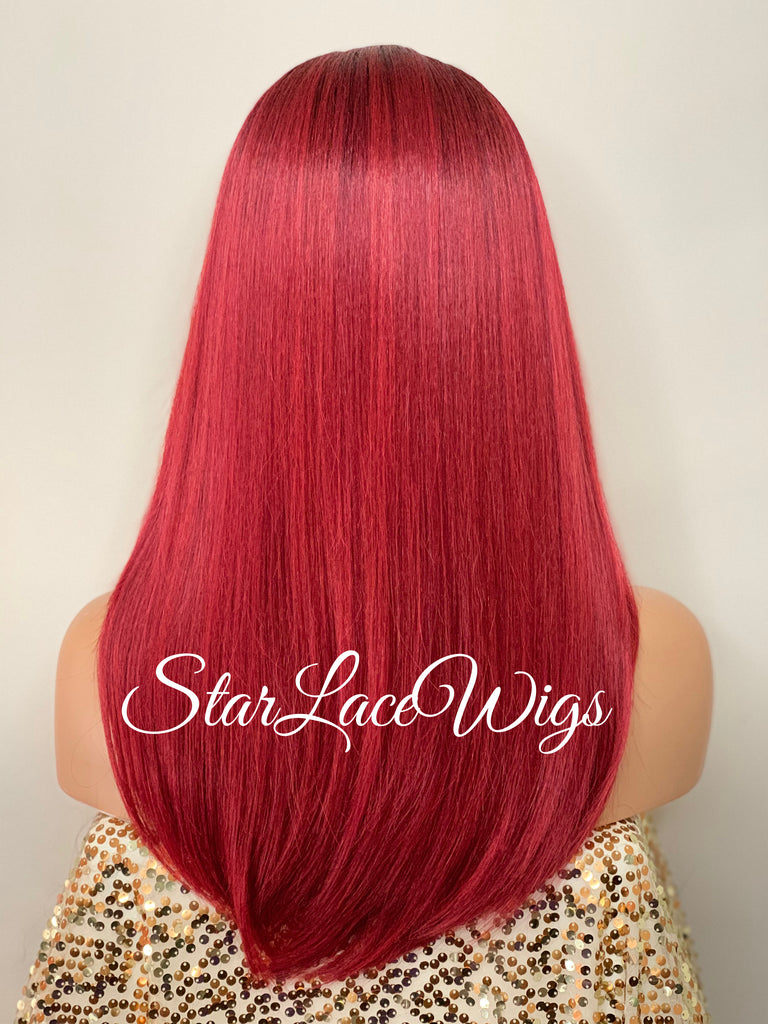 Long Straight Red Black Roots Lace Front Wig (6x13) Parting Space - Anita