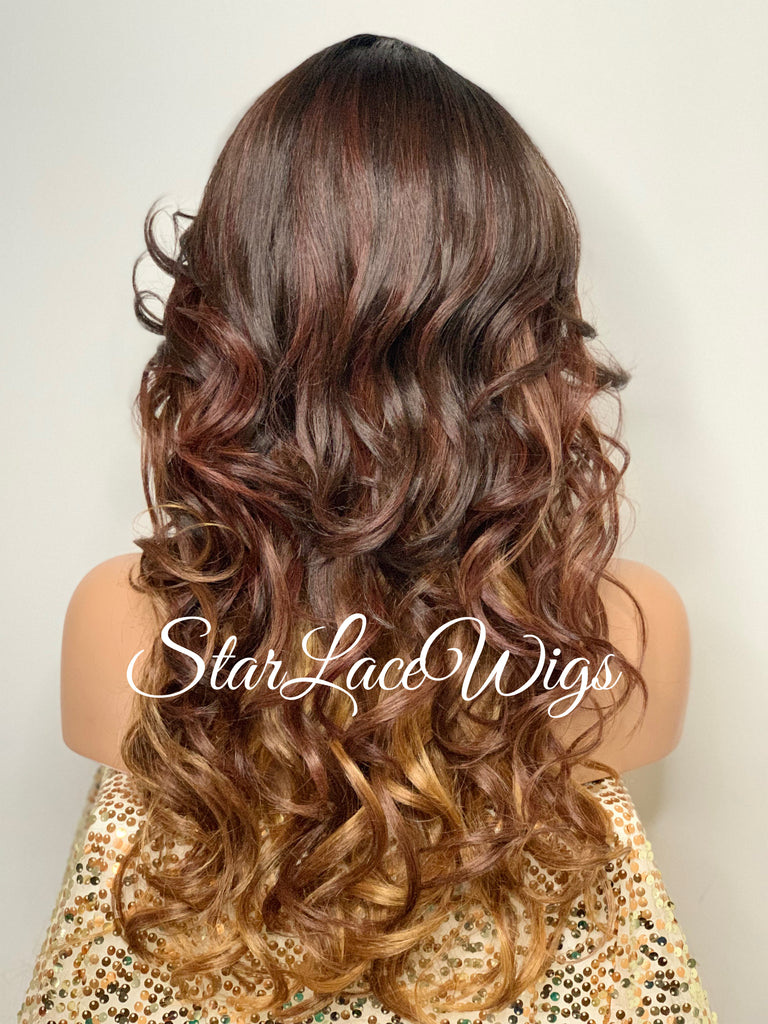 Long Wavy Synthetic Lace Front Wig Brown Auburn Ombre Layers - Carissa