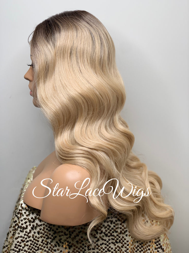 Long Blonde Wavy Synthetic Lace Front Wig Dark Roots - Yasmin