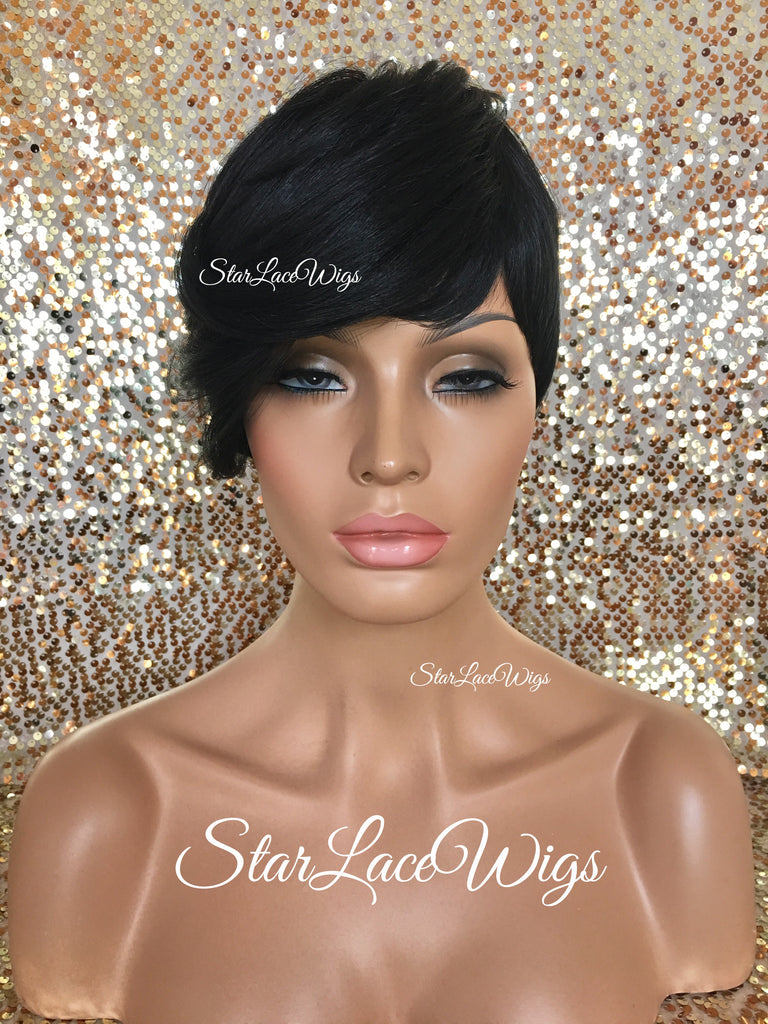 Short Synthetic Wig Black Pixie Bangs - Aubree