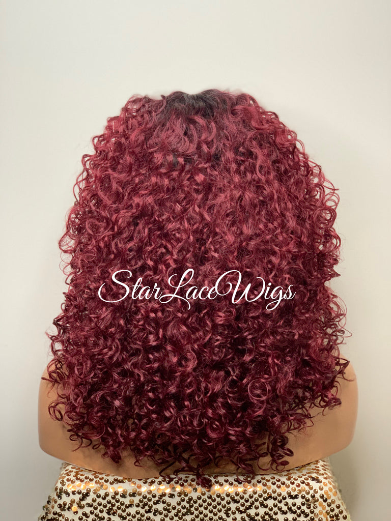 Synthetic Curly Full Wig Burgundy Dark Roots Shoulder Length - Cintia