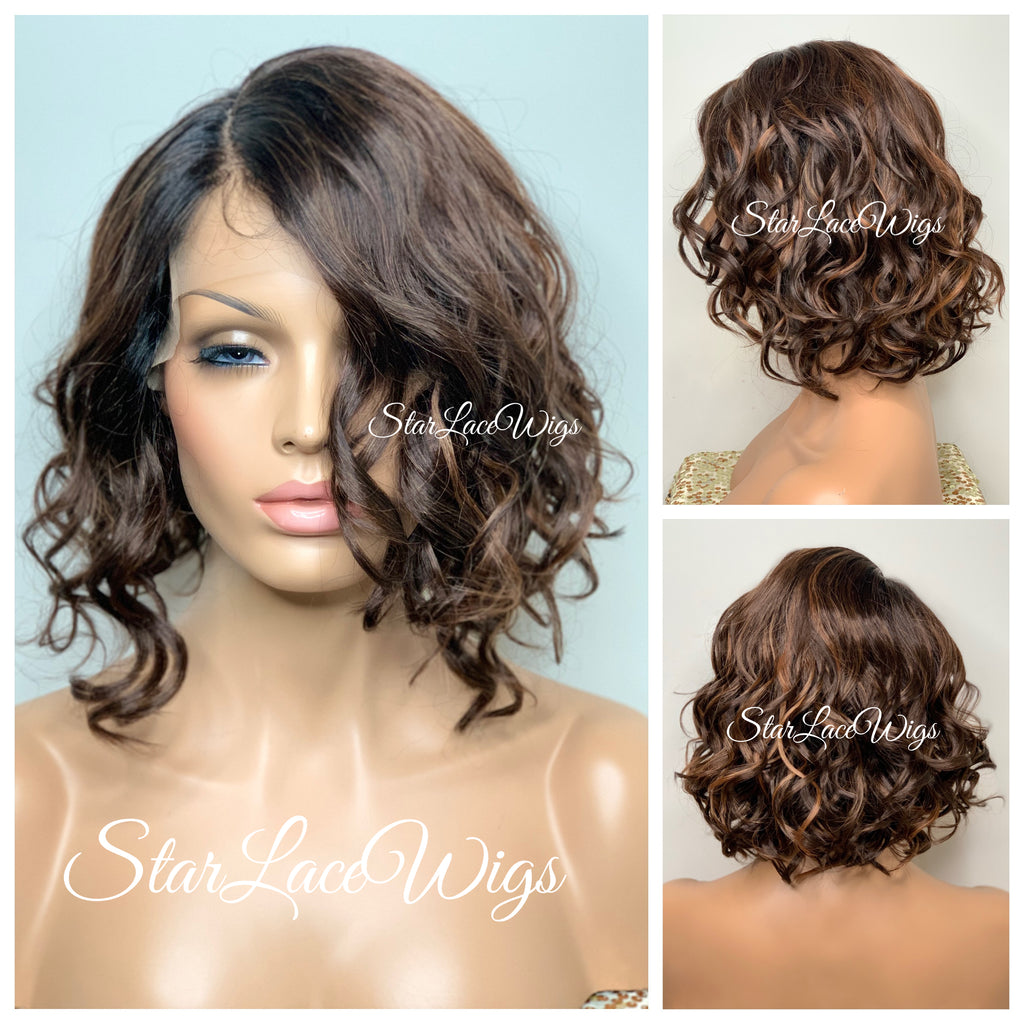Brown Wavy Lace Front Bob Wig Dark Roots Asymmetrical Side Part - Devon