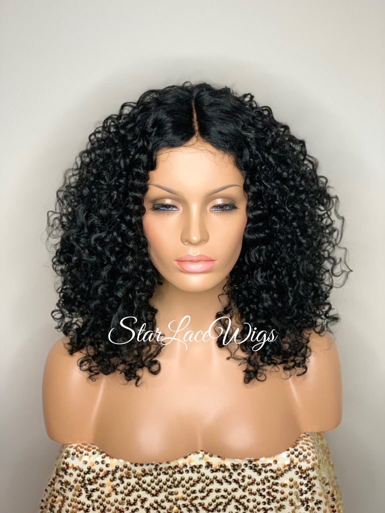 Synthetic Curly Full Wig Black Middle Part Shoulder Length - Monica