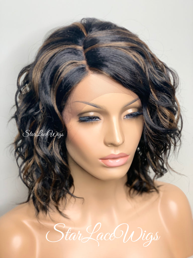 Wavy Bob Wig With Bangs Lace Front Side Part #1b Highlights #30 - Kendall