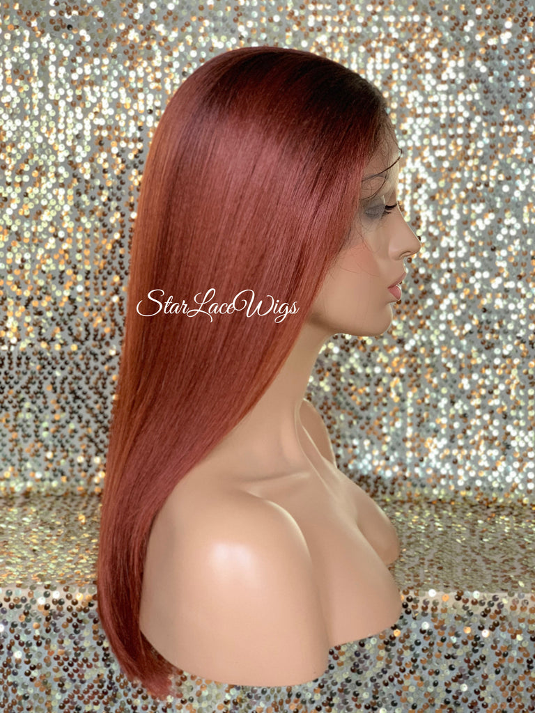 Long Straight Copper Auburn Dark Root Lace Front Wig (6x13) Parting Space - Victoria