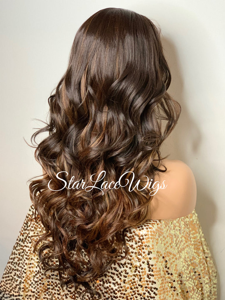 Long Curly Lace Front Wig (6x13) Parting Space Brown Auburn Highlights - Charly