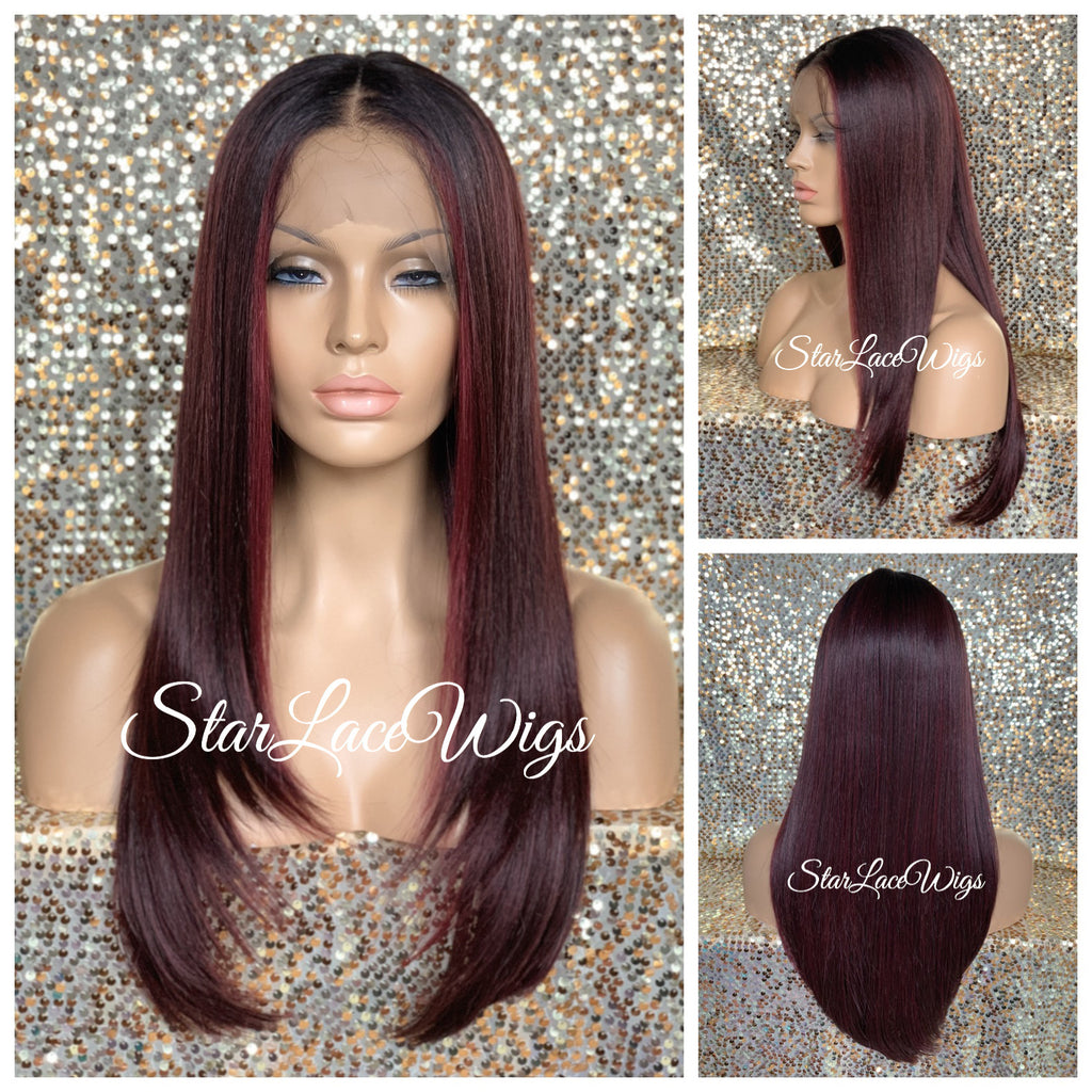 Lace Front Wig Synthetic Red Burgundy Long Straight Middle Part - Sadie