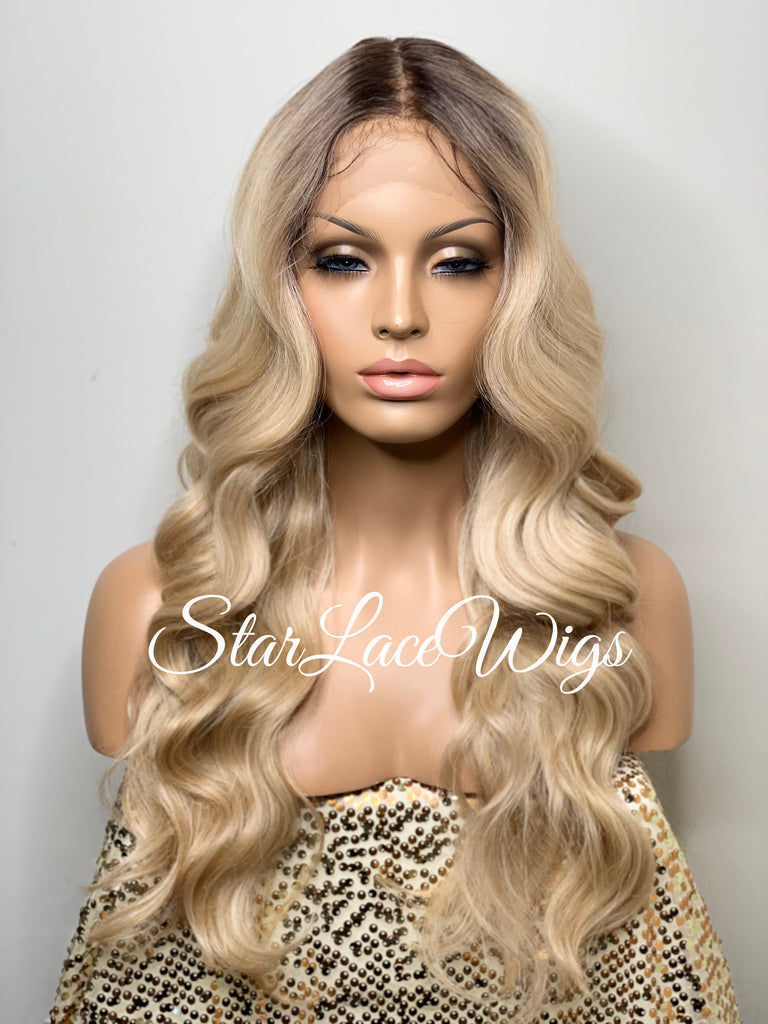 Long Blonde Wavy Synthetic Lace Front Wig Dark Roots - Yasmin