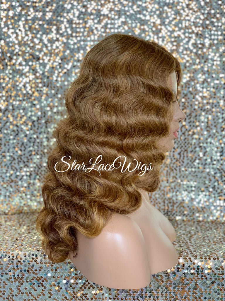 Long Light Golden Brown Body Wave Wig Middle Part Synthetic - DeeDee