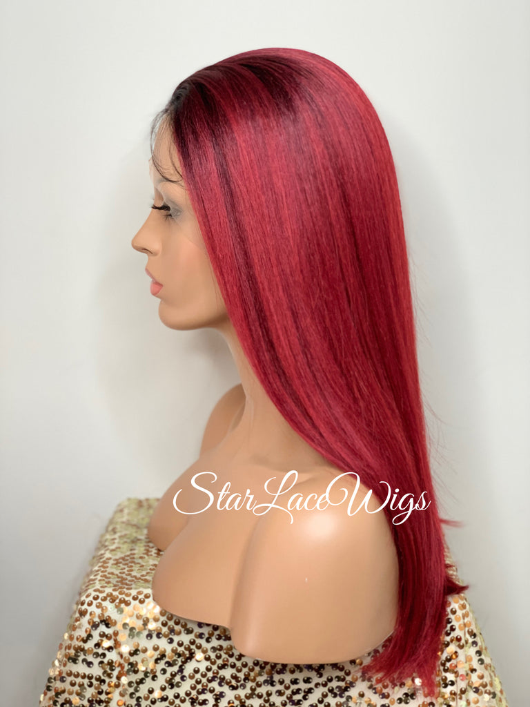 Long Straight Red Black Roots Lace Front Wig (6x13) Parting Space - Anita