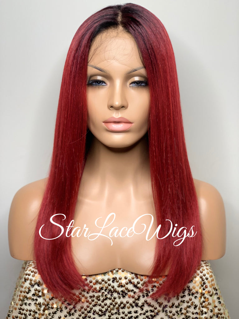 Long Straight Red Black Roots Lace Front Wig (6x13) Parting Space - Anita
