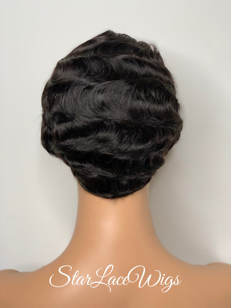 Short Curly Wig Human Hair Black Brown Side Part Wavy Finger Waves - Sylvia
