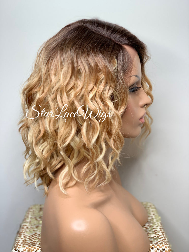 Lace Front Wig Short Wavy Honey Blonde Synthetic Bob Brown Roots - Paula
