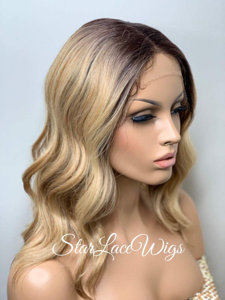Lace Front Wig Bob Wavy Blonde Dark Roots Synthetic - Shelly
