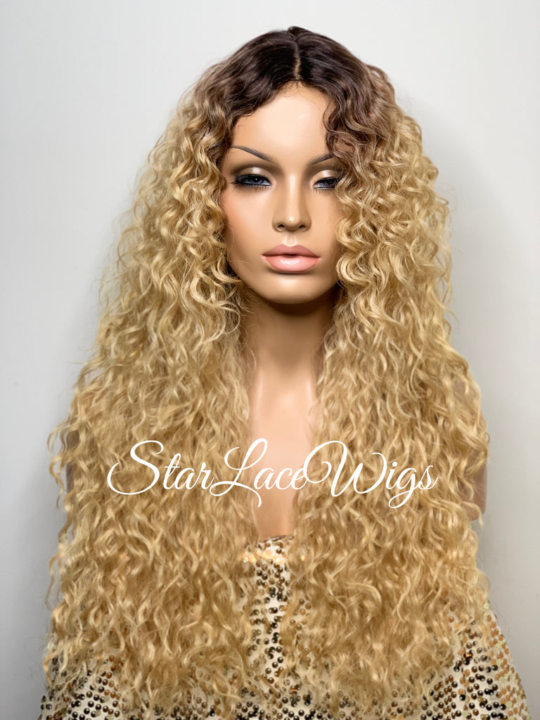 Long Full Wig Synthetic Curly Golden Blonde Dark Roots Middle Part Bangs - Harley