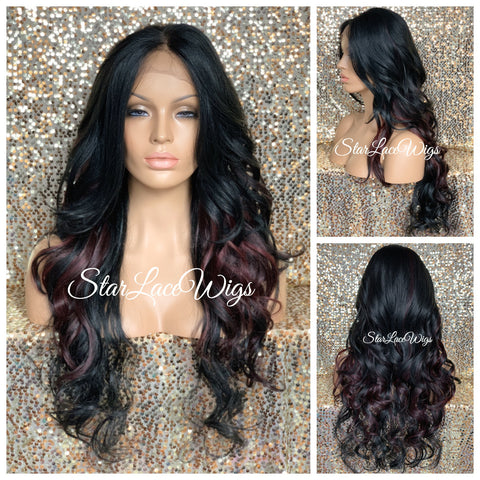 Wavy Lace Front Bob Wig (6x13) Parting Space Burgundy Dark Roots - Tera