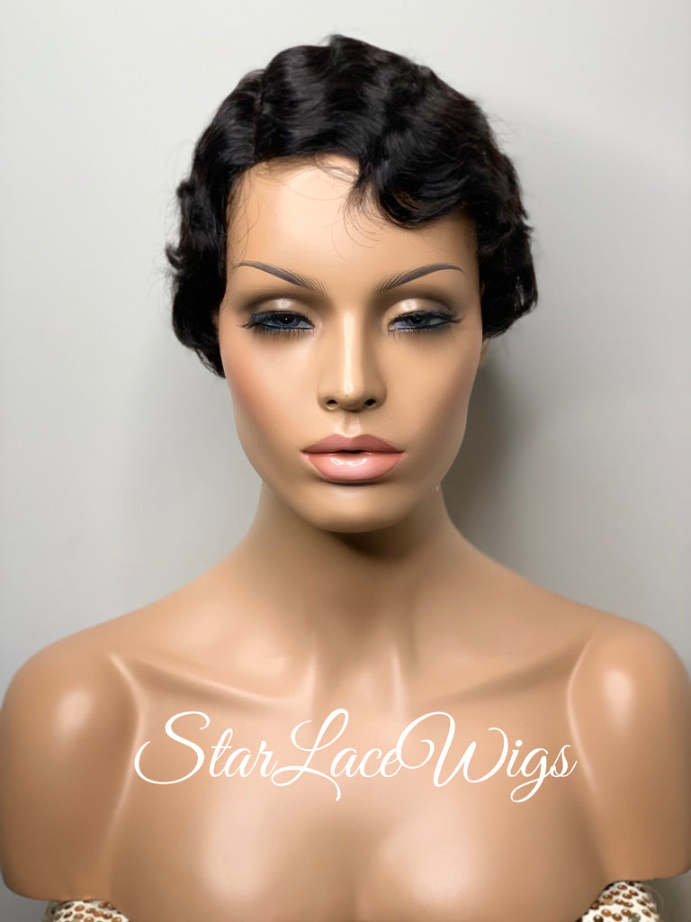 Short Curly Wig Human Hair Black Brown Side Part Wavy Finger Waves - Sylvia