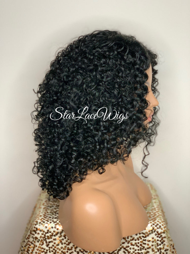 Synthetic Curly Full Wig Black Middle Part Shoulder Length - Monica