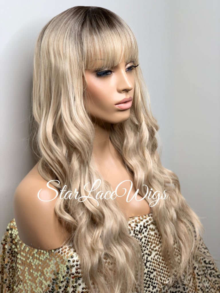 Long Full Wig Synthetic Wavy Blonde Dark Roots Middle Part Bangs - Millie